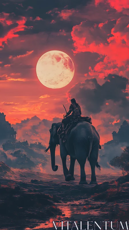 Warrior on elephant under red moonlit sky at dusk.