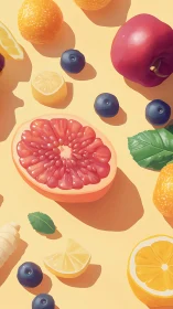 Citrus and berry still life with bold summer color palette.