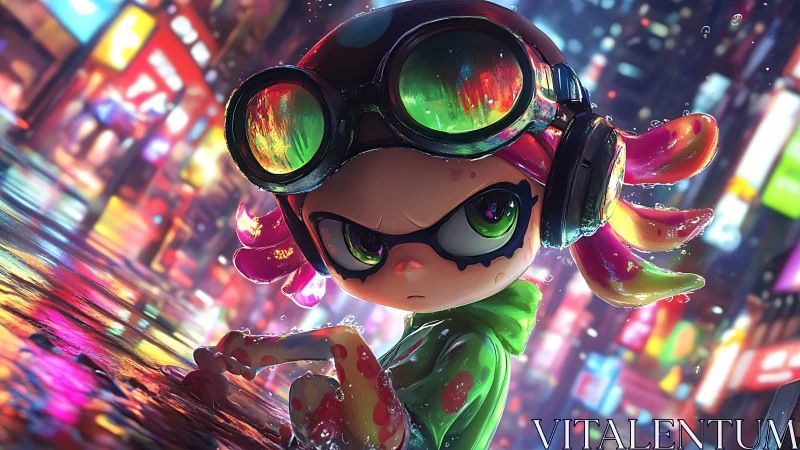 Stylized ink-based character sits in reflective neon street