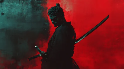 Solitary samurai silhouette in red and teal duotone field.