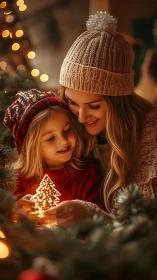 Cozy holiday moment between mother and child by tree lights.