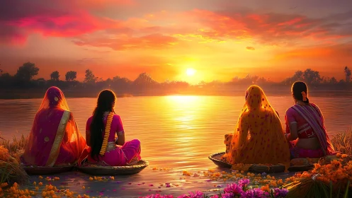 Four Women in Traditional Sarees Watching River Sunset, Vibrant Art.