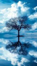 Solitary tree reflection under dramatic cumulus sky.