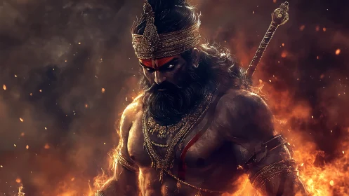 Fire-wreathed warrior prince stalks through smoldering twilight