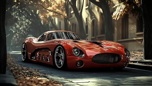 Low red supercar glides through shaded autumn city street