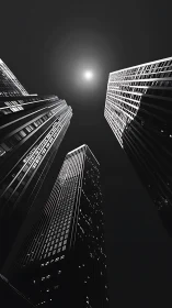 Monochrome skyscrapers converge under central glow in night sky