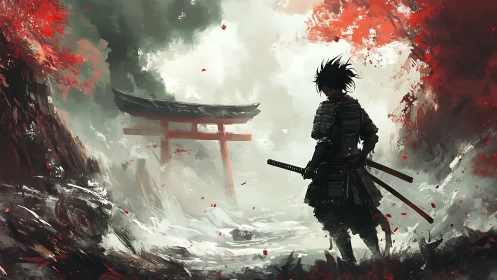 Lone samurai approaches a misty torii gate in crimson forest.