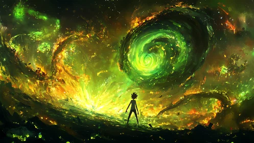 Lone explorer gazes into swirling neon cosmic storm