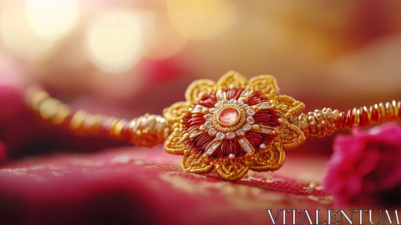 Golden rakhi bracelet glowing with festive warmth and love.