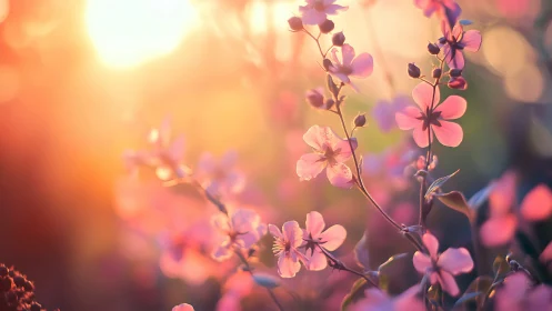 Sunlit Pink Flowers with Golden Hour Bokeh Background