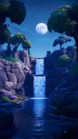 Moonlit twin waterfalls carve glowing canyon pool. Period.