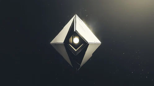 Geometric space monolith floats around a glowing core.