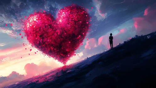 Massive Pink Heart Particle System Floating Above Silhouetted Observer