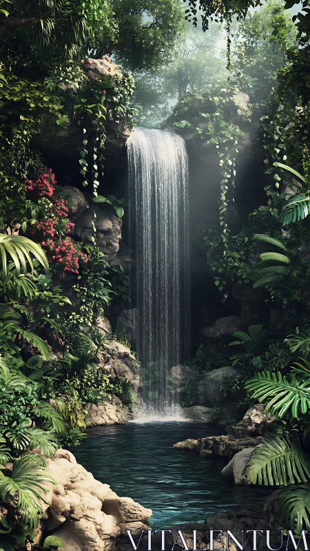 Vertical jungle waterfall cascades into reflective emerald pool