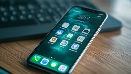 Modern smartphone displaying vibrant apps on desktop workspace