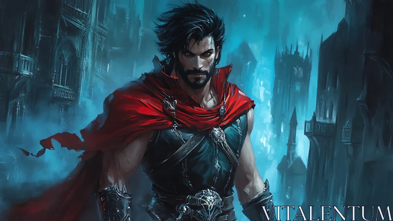 Dark fantasy warrior strides through misted neo-gothic citadel