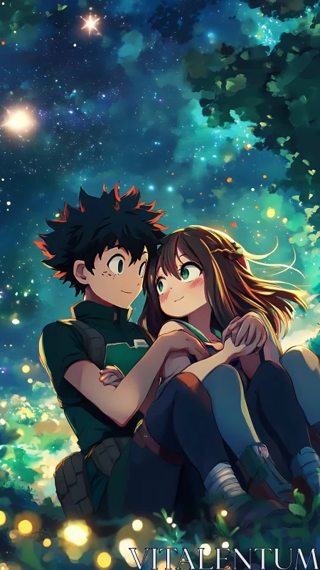Starlit anime couple share quiet embrace under glowing sky.