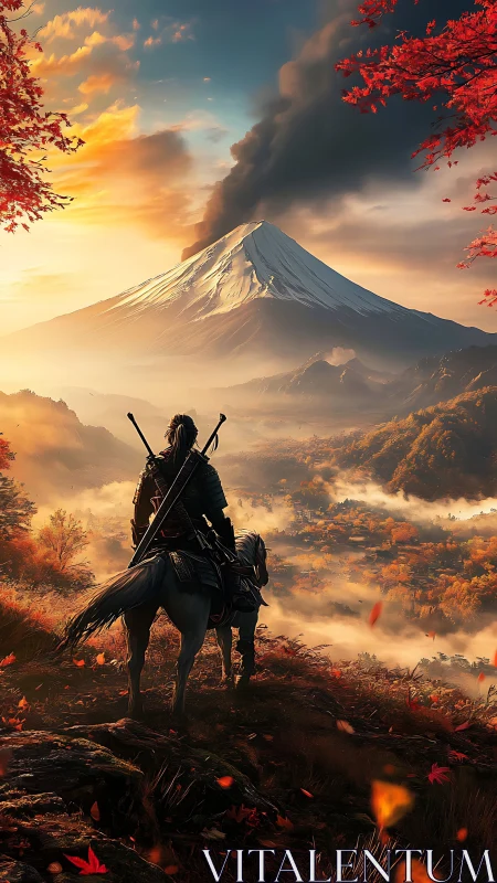 Samurai rider observing distant smoking mountain peak.