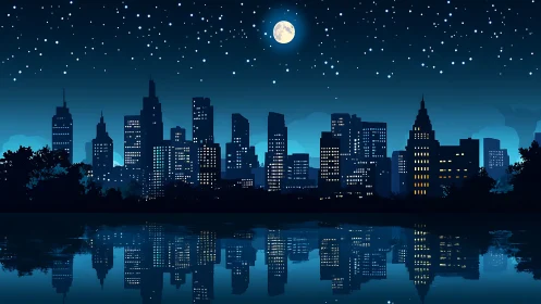 Urban skyline under night sky with reflected city lights.