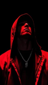 Hooded male figure in red light against black background.