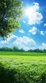 Sunlit meadow under vivid blue sky and blossoming tree.