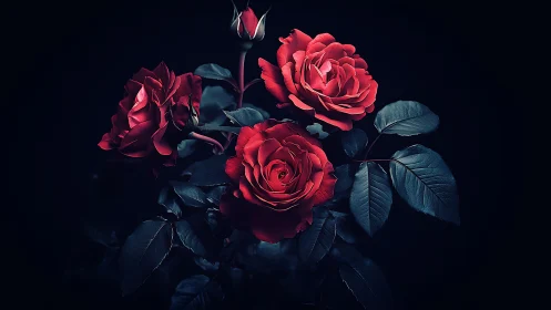 Crimson Roses Rendered Against Obsidian Background with Selective Illumination.