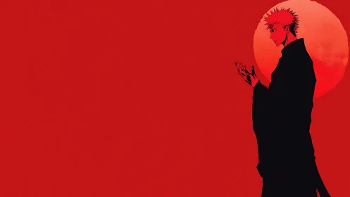 Solitary anime figure studies hand under stark red moon