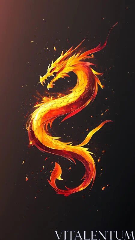 Blazing golden dragon coils through dark embered void.