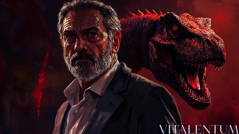 Older man in suit stands before roaring red dinosaur.