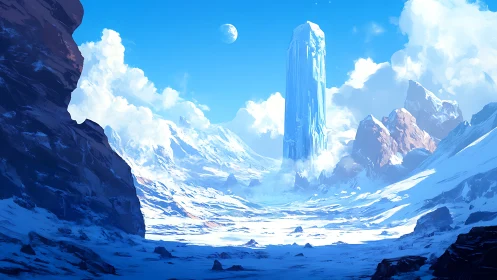 Crystal monolith rises over frozen valley beneath twin skies.