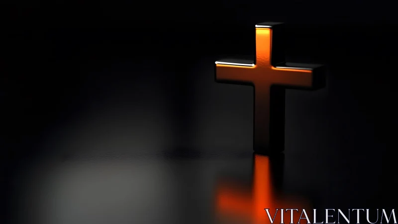 Glowing Metallic Cross on Dark Reflective Surface, Minimalist Art.
