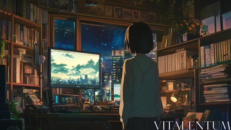 Night coder gazes at neon city through glowing studio window.