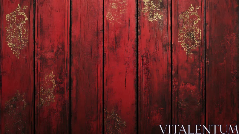 Vertically planked red wood wall shows distressed gold ornamental patina