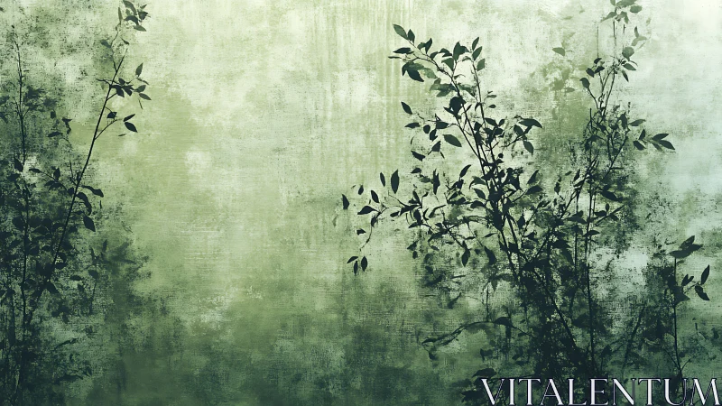 Grunge-textured green wall with silhouetted branching foliage overlays