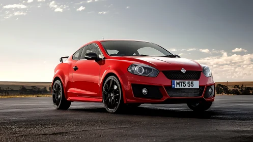 Red sports coupe parked on open asphalt road at dusk.