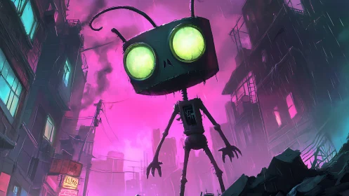 Neon eyed robot explores a rainy, glowing cyberpunk alley