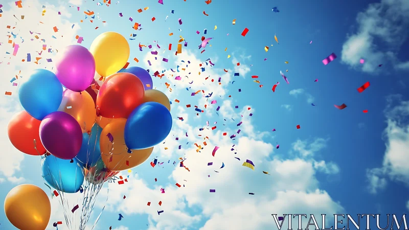 Multicolored Balloons Rising Against Azure Sky with Confetti Dispersion in 3D Render