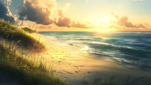 Sunlit shoreline with gentle waves and glowing beach grasses.