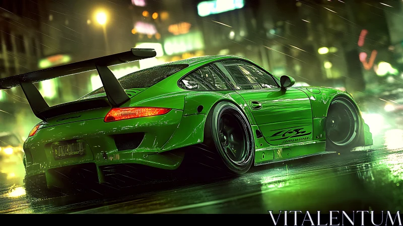 Neon storm racer sliding through rainlit midnight streets.