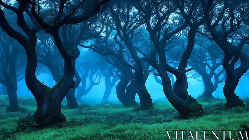 Enchanted blue forest breathes with mist and silent wonder