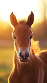 Sunlit foal stares down the camera in golden pasture glow.
