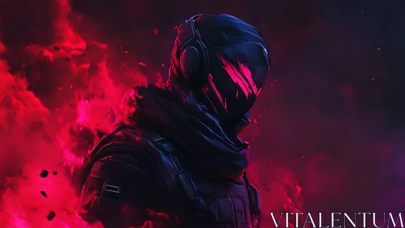 Red nebula rogue in cracked-visor armor waits in silence.