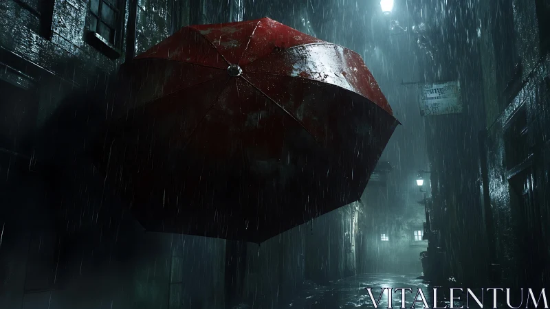 Red umbrella suspended in rain-soaked midnight alleyway.