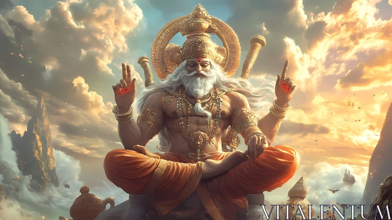 Muscular deity figure levitates in ornate cloudy landscape