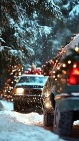 Snow-covered forest road shows cars with winter lighting