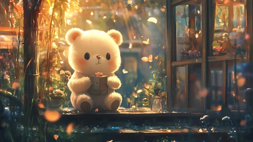 Digital bear figure sits by window amid backlit particles