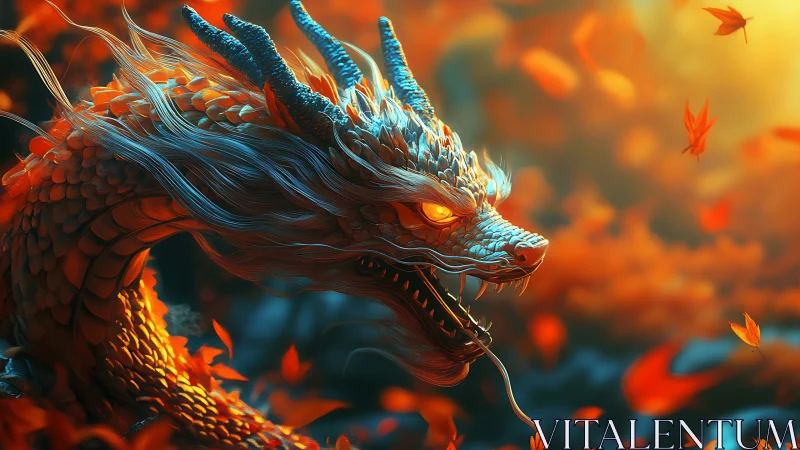 Fiery autumn dragon coils through glowing leaves and light