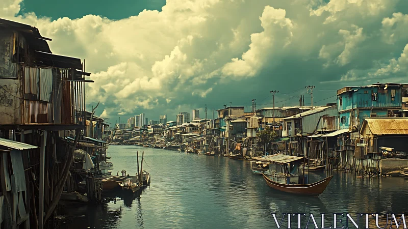 Riverside informal settlement under dramatic cumulonimbus sky.
