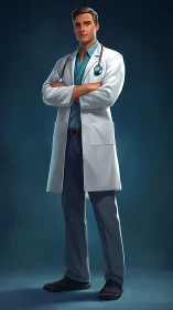 Male doctor stands in white coat with stethoscope visible