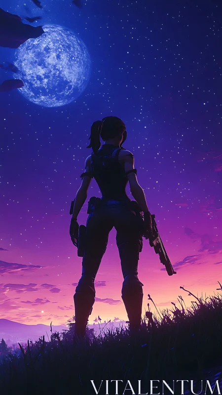 Silhouetted armed figure under large moon at twilight sky.